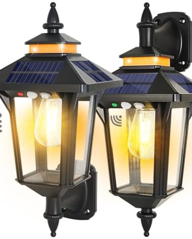 2 Pack Solar Wall Lantern Lights Outdoor with 3 Lighting Modes, Motion Sensor Wall Sconce, Dusk to Dawn LED Exterior Front Porch Lights Fixtures Wall Mount Waterproof for Garage House Doorway Yard
