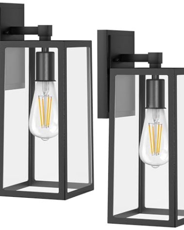 PARTPHONER Outdoor Light Fixtures Wall Mount, Porch Light, Waterproof Exterior Light Fixture, Anti-Rust Wall Sconce with Clear Glass and Black Aluminum for Garage, Doorway-2 Pack