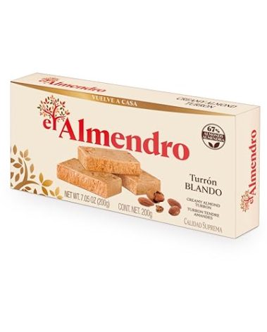 El Almendro Turrones, Turron Blando Nougat Christmas Candy, Creamy Almond Torrone From Spain, Traditional & Authentic Spanish Holiday Dessert Candy, Gluten Free, 1 Box, 7.05 oz.