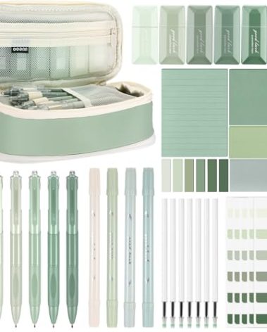 Janlaugh 38 Pcs Aesthetic College School Supplies with Pen Case Sticky Notes Gel Pens Highlighters Correction Tapes Back to School Stationery Kit(Green Color,Classic)