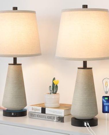 Ceramic Set of 2 Touch Control Table Lamps, 3-Way Dimmable Bedside Lamp, End Lamp with USB A+C Charging Ports, 22" Farmhouse Rustic Nightstand Table Lamp for Living Room Bedroom Home Office