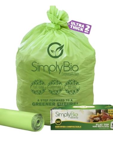 Simply Bio 60-65 Gallon Compostable Trash Bags Liners Flat-Top, Heavy Duty Extra Thick 2 Mil, 242.27 Liter, 12 Bags, Lawn, Yard, and Restaurant Use, ASTM D6400, US BPI, OK Compost Home Certified