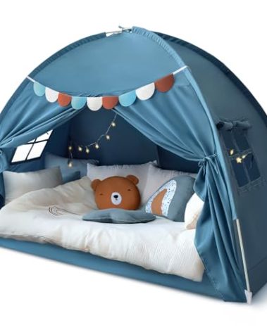 Razee Twin Bed Tent for Kids, Twin Size Toddler Canopy Indoor Playhouse Canopy Privacy Tent on Bunk Bed Sleep Inside Drafty Room Kid Toys for Boy Girl Birthday, Blue Jean Color