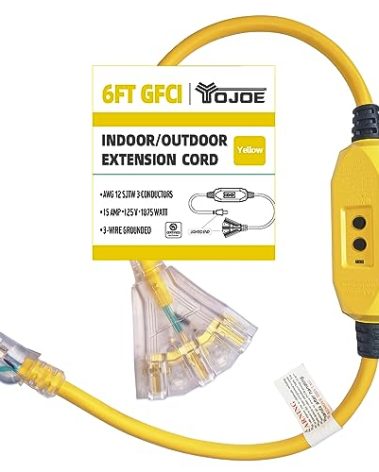 YOJOE 6 Foot GFCI Yellow Extension Cord,Lighted Outdoor 12/3 Cord with 3 Power Outlets,12 Gauge 3 Prong SJTW Heavy Duty Extension Cable with 3 Prong Grounded Plug for Safety,UL Listed