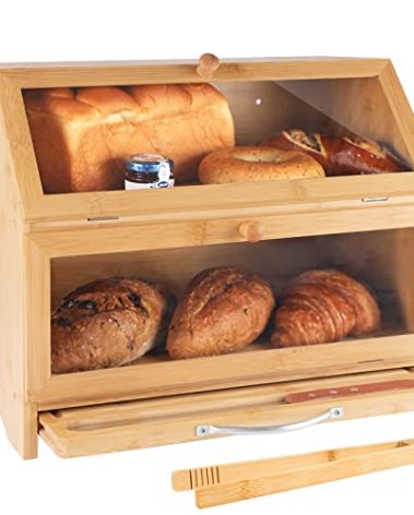 MAISONPEX Double Layer Bamboo Bread Box for Kitchen Countertop, Cutting Board, and Stainless Steel Bread Knife, Large Capacity Storage Container with Clear Windows (Self-Assembly)