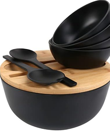 ShineMe Salad Bowls, Large Salad Bowl with Lid and Servers, Bamboo Salad Bowl Set with 4Pack Small Serving Bowls, 9.8inches Solid Kitchen Bowl for Fruits, Vegetables and Pasta...(Black)