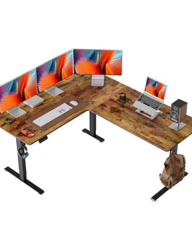 FEZIBO 63" L-Shaped Standing Desk - Adjustable Corner Desk L Shape, L-Shaped Adjustable Desk with Splice Board, L Shape Standing Desk, Vintage-Brown