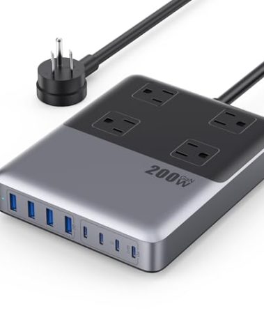 12-in-1 Charging Station USB C Power Strip with 5ft Cord and Plug,200W GaN IV USB C Charger Block,4 AC Outlets,4 USB-A,4 USB-C for MacBook,iPhone 17/16/15,Fast Charging Desktop Charger for Office,Home