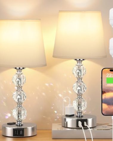 Acaxin Crystal Table Lamp Set of 2 for Bedroom/Living Room, 14.6in (Beige)