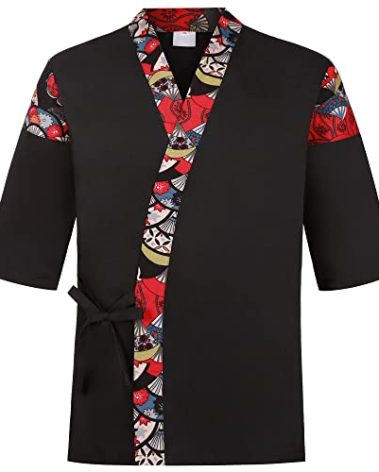 Unisex 3/4 Sleeve Black Sushi Chef Coat Kimono Cardigan Japanese Chef Uniform Red Patchwork Printed Chef Jacket M