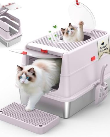 Stainless Steel Cat Litter Box with Lid, 180° Flip Top Kitty Litterbox, XL High Sided Enclosure Litter Pan for Big Cats, Front & Top Entry, Odor-Free, Includes Scoop Mat, Purple Pink