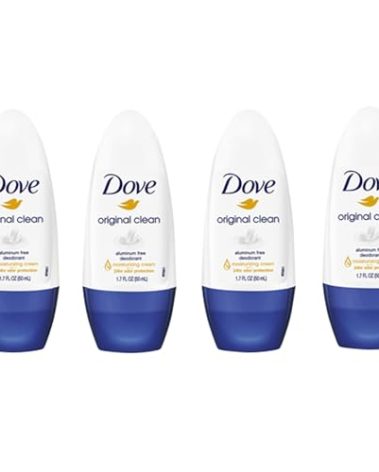 Dove Original Clean Roll On Deodorant, Aluminum Free, All Day Odor Protection, 4-Pack, 1.7 FL Oz Each, 4 Bottles