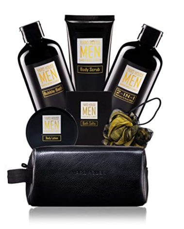 YARD HOUSE Bath and Body Spa Gift Baskets Set for Men - Sandalwood Amber - 7Pc Full Size Spa Kit in Toiletry Bag - Fathers Day Gifts For Husband, Dad From Wife, Daughter Son, Birthday Gifts For Him