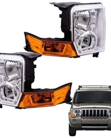 2PCS Headlights Assembly Set For 2006 2007 2008 2009 2010 Jeep Commander(XK) Limitied Sport Overland SUV Halogen Replacement Headlamps Chrome Housing Clear Lens OE Style CH2518117 CH2519117(LH&RH)