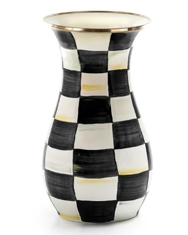 MACKENZIE-CHILDS Tall Enamel Vase, Unique Flower Vase, Decorative Table Decor for Living Room, Black-and-White Courtly Check