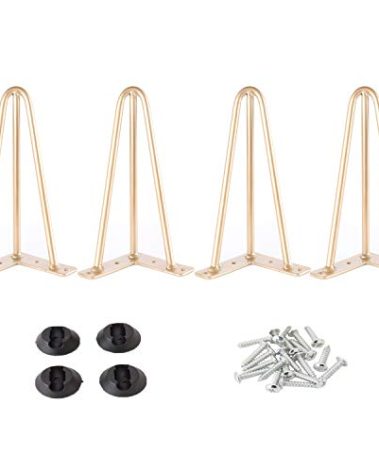 Osring Metal Hairpin Table Legs 10 Inch, Furniture Leg Gold with 3/8" Dia 3-Rod Design, Mid-Century Modern Hairpin Furniture Feet 4pcs with Floor Protectors for Coffee Table and TV Stand