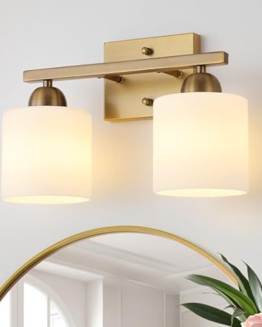 Mecgirn Stainless Steel Milk Glass Vanity Lights for Bathroom, 2 Light Brass Bathroom Light Fixtures Over Mirror, Ceramic E26 Sockets Wall Mounted