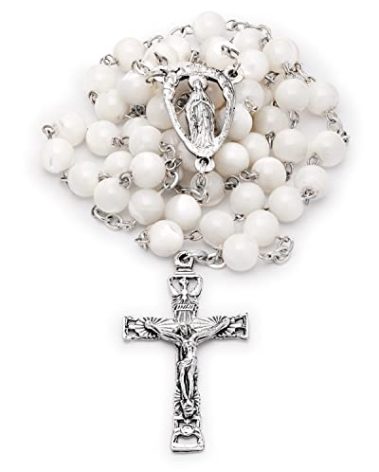 Mondo Cattolico Rosary Beads catholic for Women and Men from Vatican, Traditional Rosary with Mother of Pearl Beads, a Sacred Heart Centre Medal and Holy Spirit Crucifix