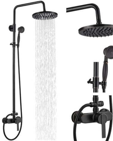 Airuida Exterior Shower Fixture Oil Rubbed Bronze Brass Exposed Pipe Shower System Single handle 8 Inch Rainfall Shower Head Solid Copper Diverter Dual Functions Shower Faucet Combo Set