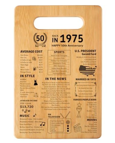 50th Wedding Anniversary Cutting Board Gifts for Women Men Marriage Gifts for Couple 1975 Poster Back In 1975 50th Anniversary Decorations 100% Organic Bamboo Pre Oiled 11"L x 7"W x 0.5"Th
