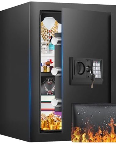 16.54 Inches Tall Safe Box, 2.5 Cuft Home Safe with Fireproof Waterproof Bag, Anti-Theft Digital Security Lock Box with Smart Alert System, Removable Shelf, Mute Function, Document Safes for Jewelry