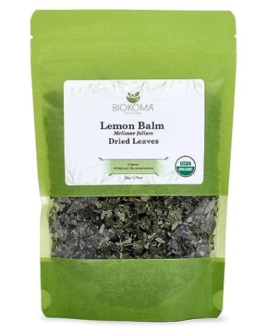 Biokoma Pure and Organic Lemon Balm (Melissae folium) Dried Leaves 50g (1.76oz) In Resealable Moisture Proof Pouch, USDA Certified Organic - Herbal Tea, No Additives, No Preservatives, No GMO, Kosher