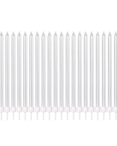 Jumochi Silver White Birthday Candles for Cake - Long Thin Candle for Birthday Parties, Wedding Decorations (24 Count, Silver White)