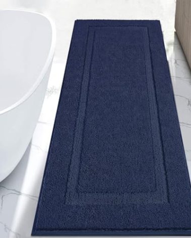 SHACOS Super Soft Long Bathroom Rugs Runner 24"x60" Polyester Bath Mats Non Slip Washable Absorbent Bath Rugs for Bathroom Accessories Tub Shower Vanity Sink Carpet, Navy Blue 2'x5'