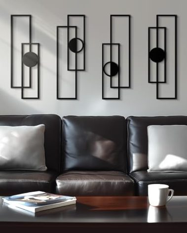 Abstract Black Metal Wall Art for Living Room, 4 Pack Large Wall Sculptures Minimalist Modern 3D Textured Geometric Metal Wall Decor for Bedroom Bathroom Kitchen Study