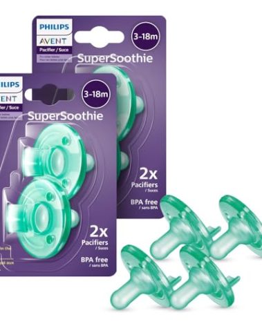 Philips Avent Soothie Orthodontic Baby Pacifiers, 100% Silicone Pacifiers, One Piece, BPA-Free, for Babies 3-18 Months, Green, 4 Pack, Model SCF192/45