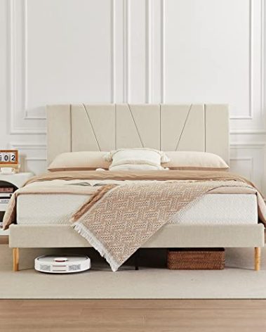 Flolinda Full Size Bed Frame Upholstered Platform with Complete Headboard and Strong Wooden Slats, No Box Spring Needed, Easy Assembly,Beige