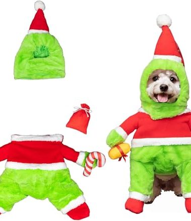 Dog Christmas Costume Green Furry Hat Xmas Halloween Dog Costume Funny Pet Costume Cosplay Outfit Party Favors (Large, Green Furry Dog Costume)