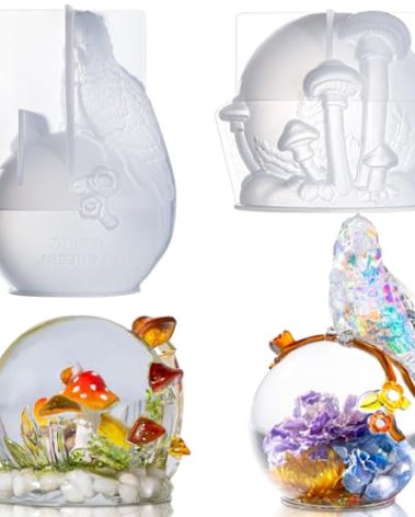 LET’S Resin Crystal Ball Resin Molds, Crystal Orb Decorative Statue Silicone Molds with Mushroom Stand and Bird Figurine,3D Sphere Epoxy Resin Molds for DIY Tabletop Decor, Housewarming Gifts