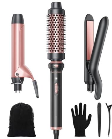 Wavytalk 3 in 1 Curling Wand Set, Multi Curl, Curling Iron Set with Heated Round Brush, Flat Iron Hair Straightener, 1 1/4 inch Curling Iron, Dual Voltage Hair Curler