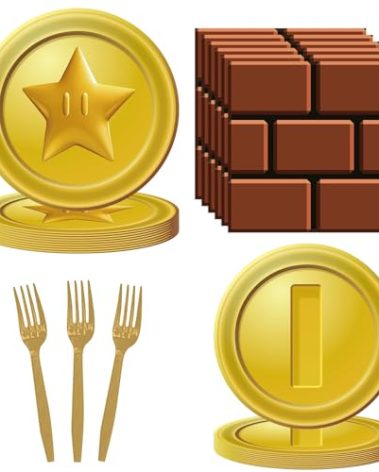 80PCS Mario Bros Birthday Supplies Kit for 20 Guests - Gold Mario Bros Theme Party Tableware Pack Includes Plates, Napkins, Plastic Forks