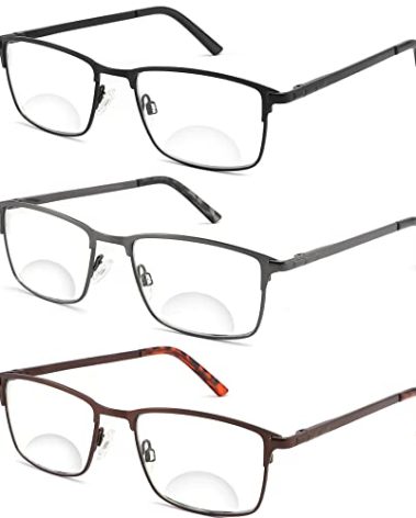 HOTJOJO 3 Pack Bifocal Reading Glasses for Men, Blue Light Blocking Computer Readers,Anti UV Ray/Eye Strain/Glare, Wide Metal Frame Eyeglasses with Pouches(150 Magnification Strength)