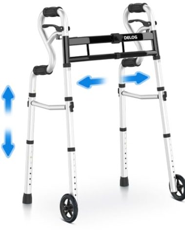 Delog Narrow Folding Walker for Seniors, 3 in 1 Folding Walker with 5” Front Wheels Width Adjustable Compact Standard Walker Support Up to 350lbs