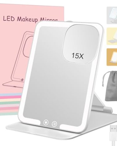MKUMIR 15X Travel Makeup Mirror with Lights,Rechargeable Portable 1X Vanity Mirror with 15X Magnifying Mirror,Folding Lighted Cosmetic Vanity Mirror with Adjustable Stand,3 Color Lighting,Dimmable