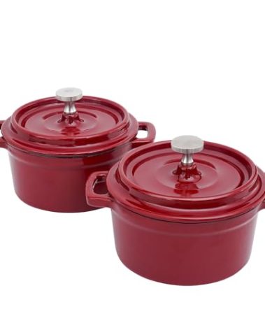 Flavehc Mini Cocotte 8 oz Mini Dutch Oven 0.25 qt. Cast Iron Garlic Roaster for Oven Garlic Confit Pot Ramekins with Lids Oven Safe Set of 2, Red