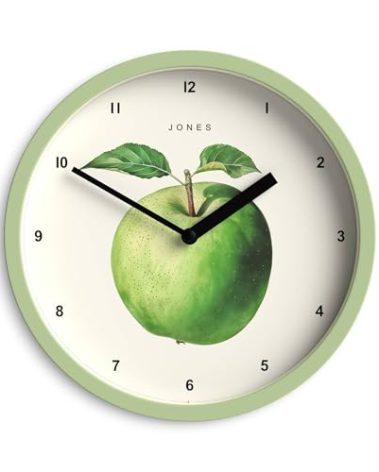 JONES CLOCKS® Fruit Wall Clock | Small Round Clock | 8 inch | Green | Botanical Illustrated Apple Artwork | Ideal for Kitchen and Dining Rooms.
