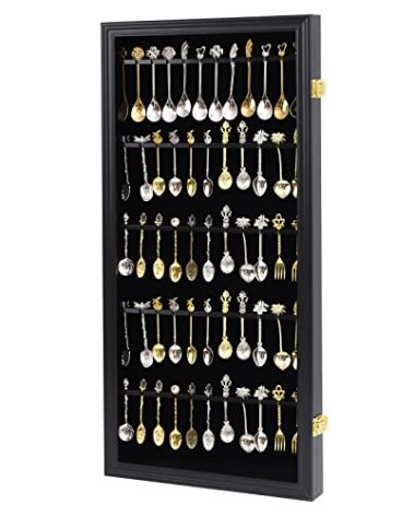 COMSREV 60 Souvenir Tea Spoon Display Case Collection Collector Rack Wall Mount Wooden w/98% UV Acrylic Door Lockable（Black）