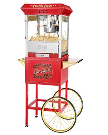 Pasadena Popcorn Machine with Cart- Popper Makes 3 Gallons- 8-Ounce Kettle, Old Maids Drawer, Warming Tray & Scoop by Great Northern Popcorn (Red)