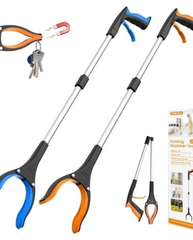 REWKCY 32" Grabber Reacher Tool, 2-Pack Foldable Reacher Grabber Pickup Tool with 360° Rotating Jaw & Magnet, Trash Picker Upper Grabber, Lightweight Grabbers for Seniors Heavy Duty