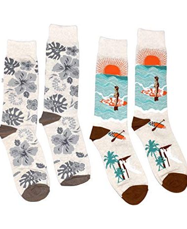 Bop Classy Mens Fun Novelty Crew Socks - 2 Pair Set (Surfer & Hibiscus)