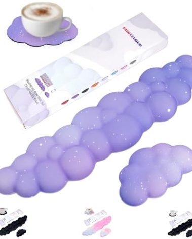 LJYZMD Cloud Wrist Rest Set for Keyboard and Mouse, Includes Cute Coaster, with Computers and Laptops（Purple Star Set）
