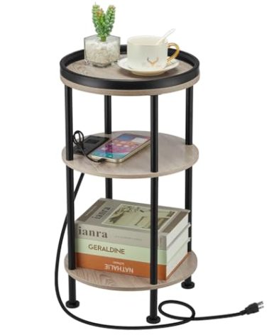 Small Round Side Table with Charging Station for Small Spaces, 3-Tier Accent Table with USB Ports & Power Outlets, Corner Tea Table Sofa Table for Living Room Nightstand Bedroom Apartment(USB,Oak)