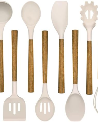 Silicone Cooking Utensil Set,Umite Chef 8-Piece Kitchen Utensils Set with Natural Acacia Wooden Handles, Silicone Kitchen Gadgets and Spatula Set for Nonstick Cookware - Khaki