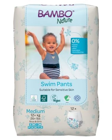 Bambo Nature Hypoallergenic Swim Pants, Eco-Labeled Swim Diapers, Double Leak Barriers - Medium (12 Count)