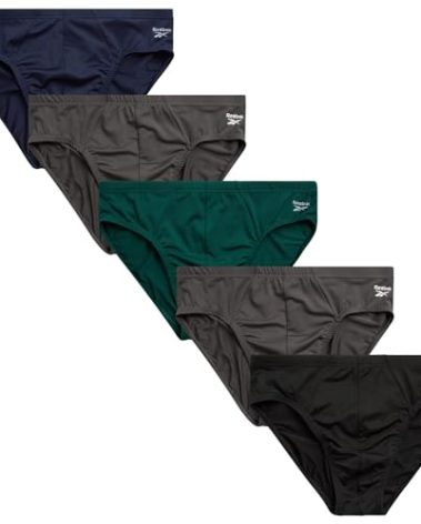 Reebok Mens Low Rise Briefs - 5 Pack Athletic Performance Mens Underwear Briefs with Contour Support Pouch for Gym Daily Wear, Size Small, Maritime Blue/Forged Iron/Green/Black
