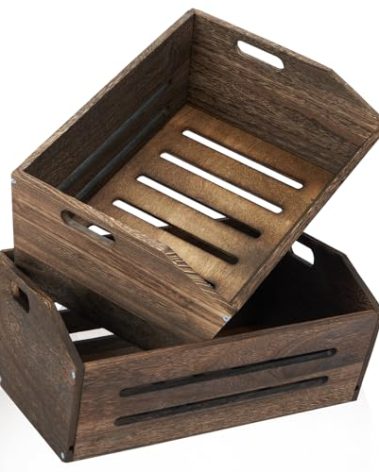ELONG HOME Rustic Wooden Crate, 2 Pack, Brown, Large, 16.5x12.7x9 Inches, Holds Up to 45 Pounds, Decorative Farmhouse Wooden Crate Basket for Storage and Display